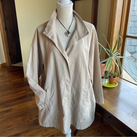 Eileen Fisher Organic Cotton Hemp Stand Collar Chore Jacket in Khaki - Picture 12 of 12